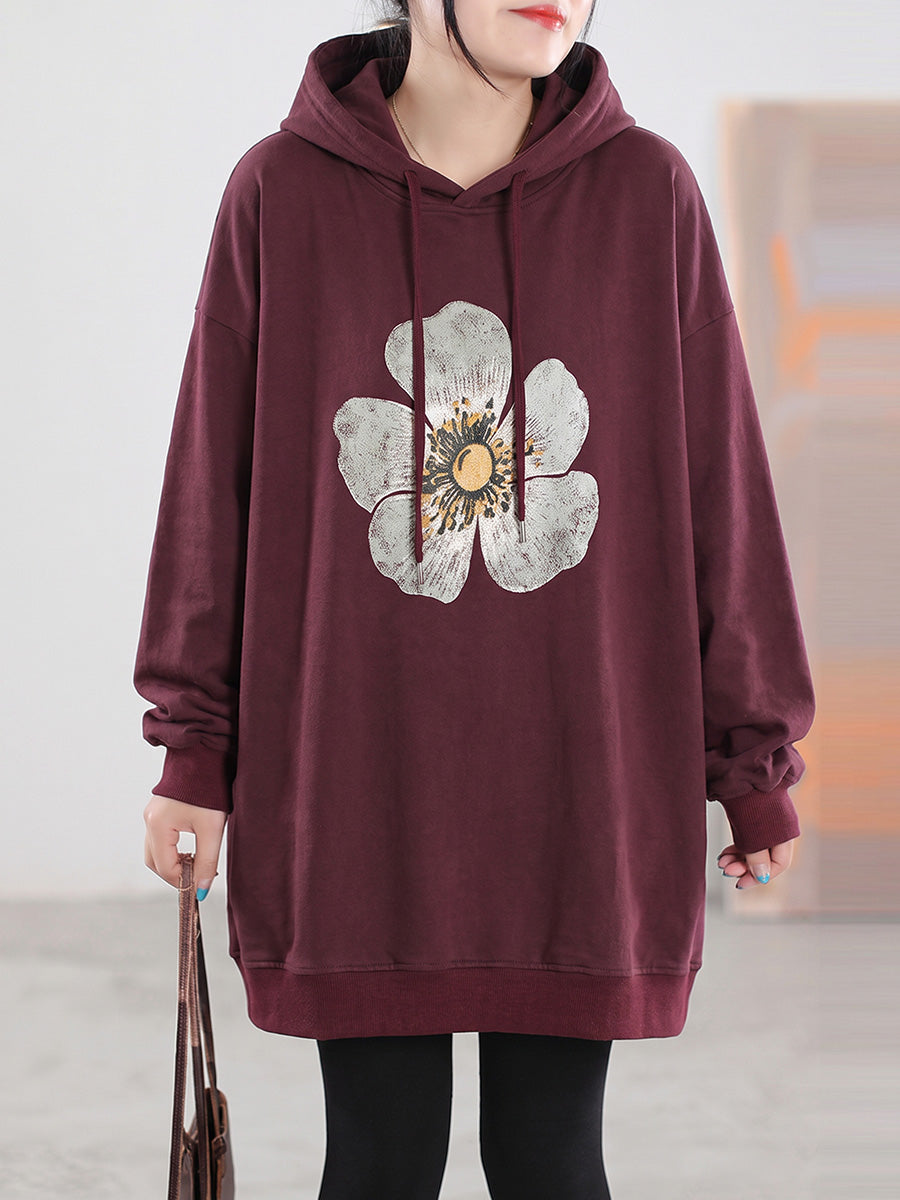 Plus Size Women Floral Printed Loose Mid-Length Sweatshirt