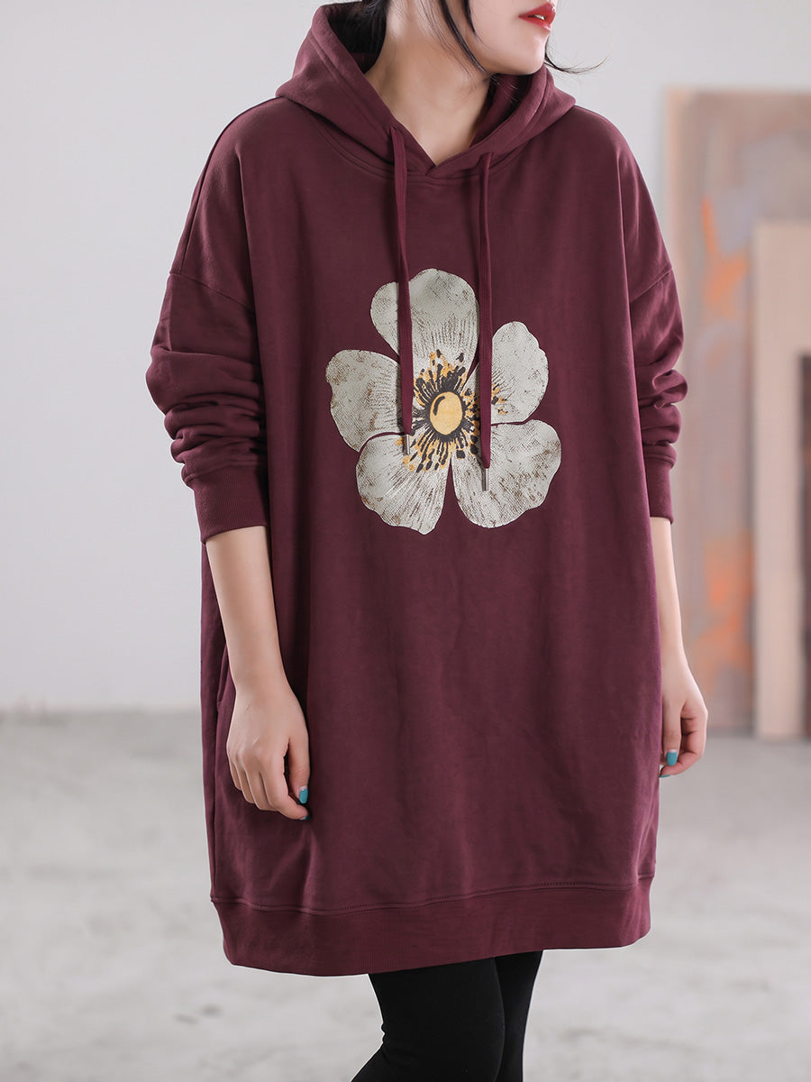 Plus Size Women Floral Printed Loose Mid-Length Sweatshirt