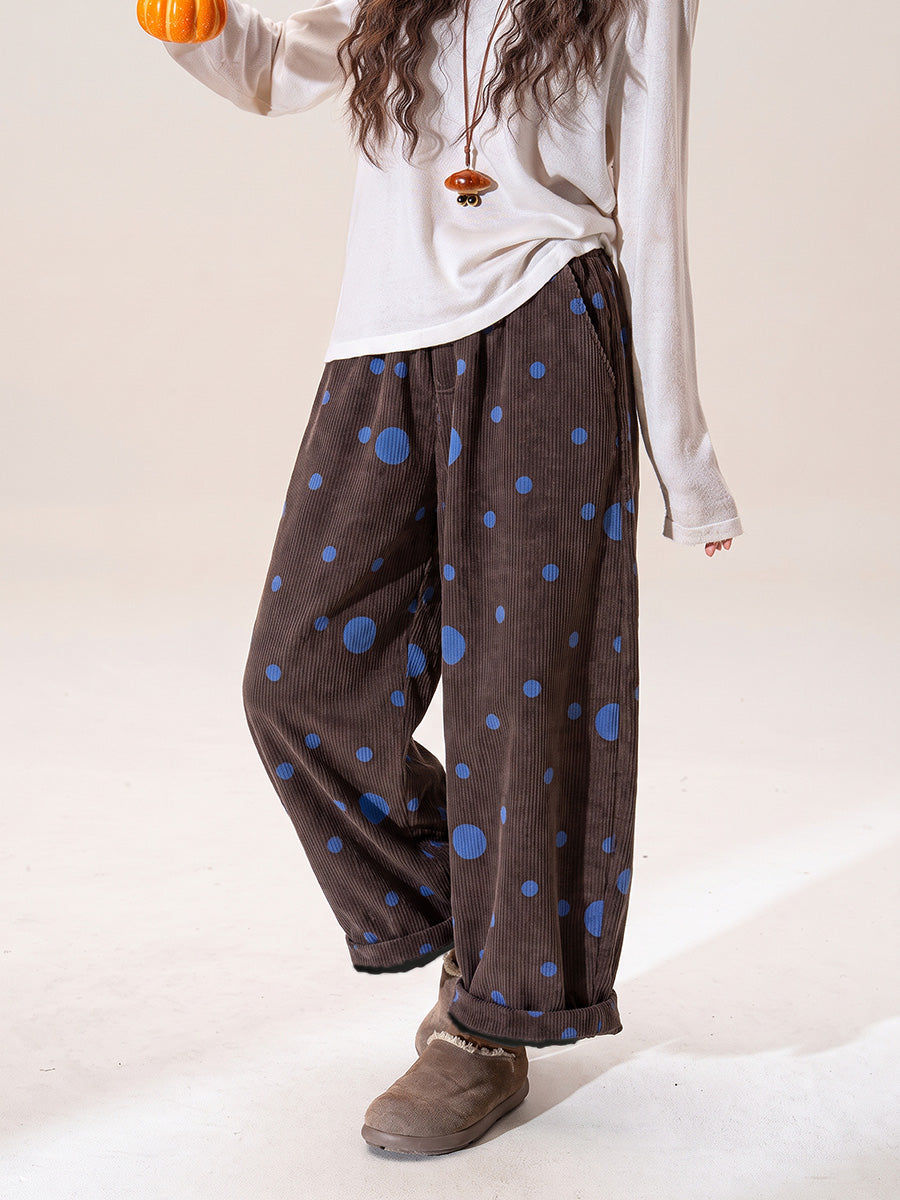 Plus Size Women Winter Vintage Polka Dot Elastic Fleece-Lined Pants