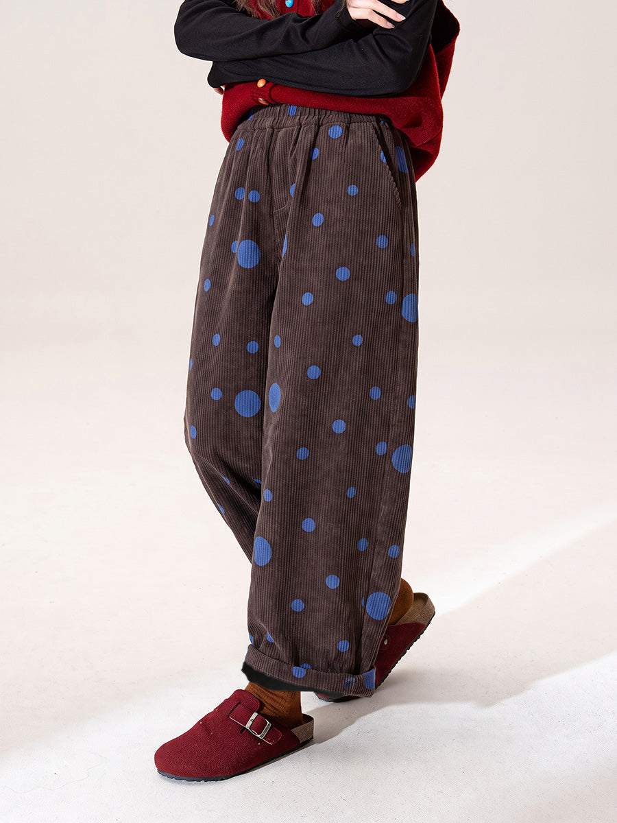 Plus Size Women Winter Vintage Polka Dot Elastic Fleece-Lined Pants