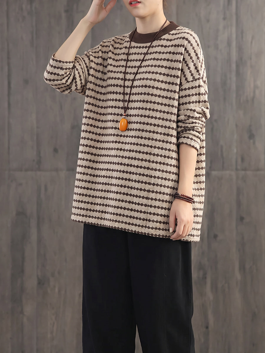 Plus Size Women Effortless Chic Round Neck Loose Striped Knit Top