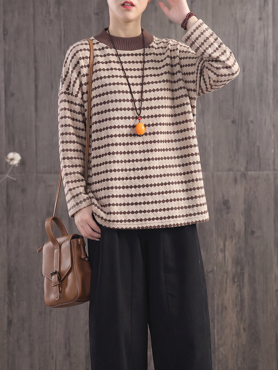 Plus Size Women Effortless Chic Round Neck Loose Striped Knit Top