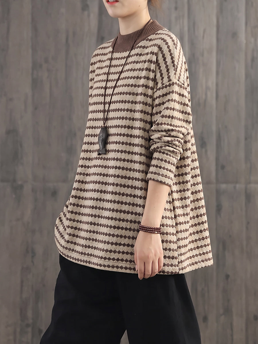 Plus Size Women Effortless Chic Round Neck Loose Striped Knit Top
