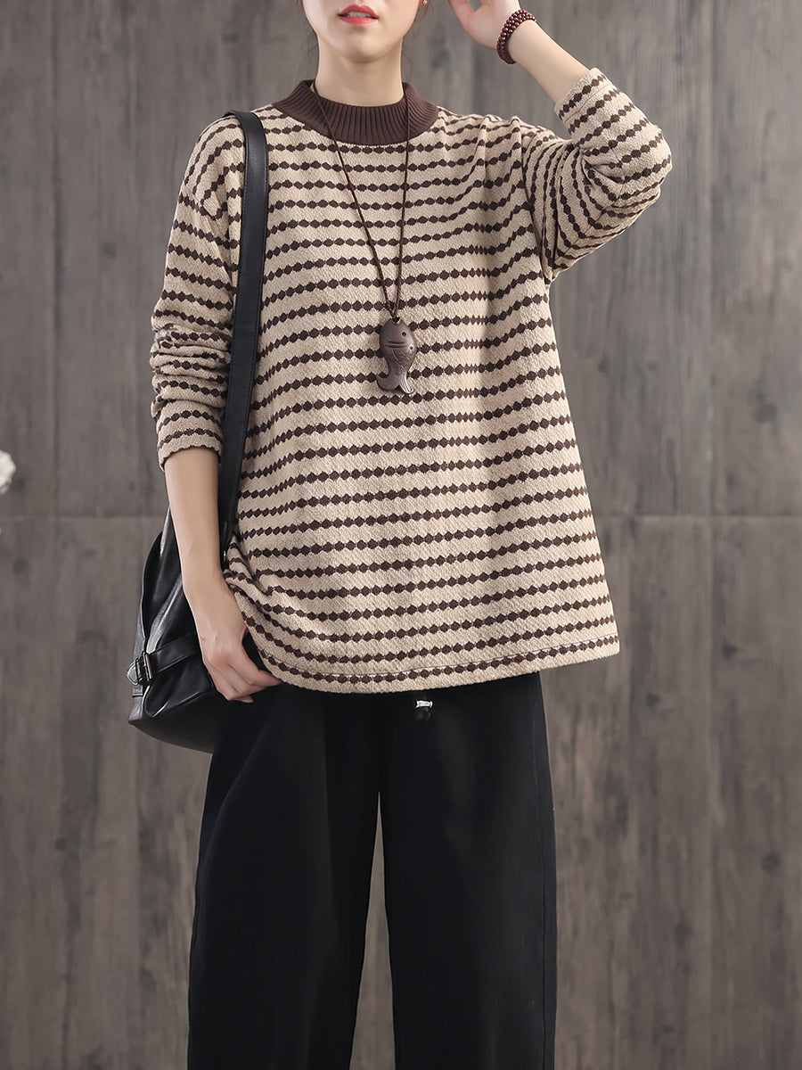 Plus Size Women Effortless Chic Round Neck Loose Striped Knit Top