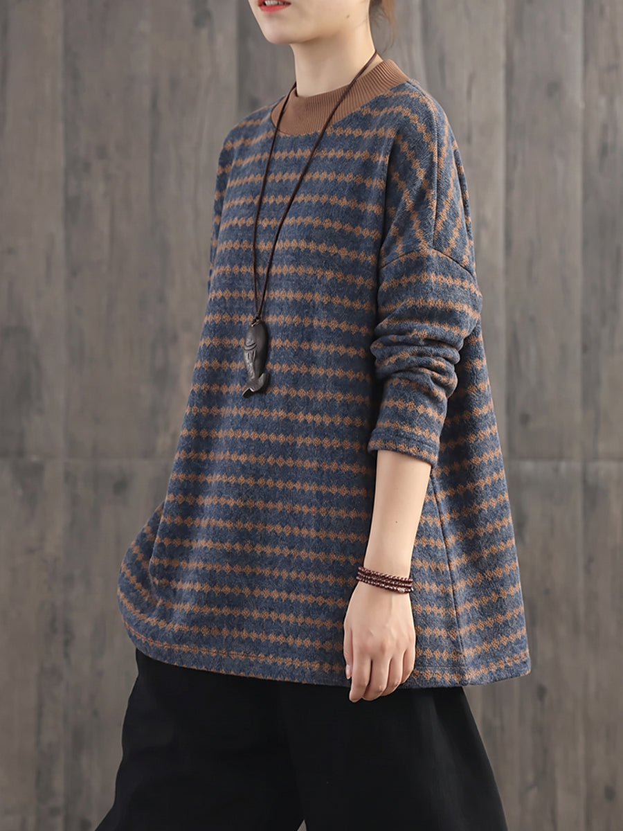 Plus Size Women Effortless Chic Round Neck Loose Striped Knit Top