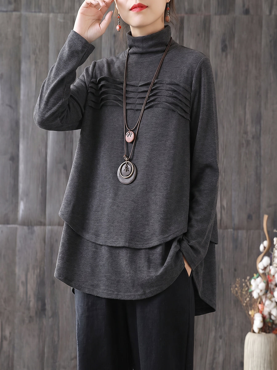 Plus Size Women Mock Neck Pleated Long Sleeve T-Shirt