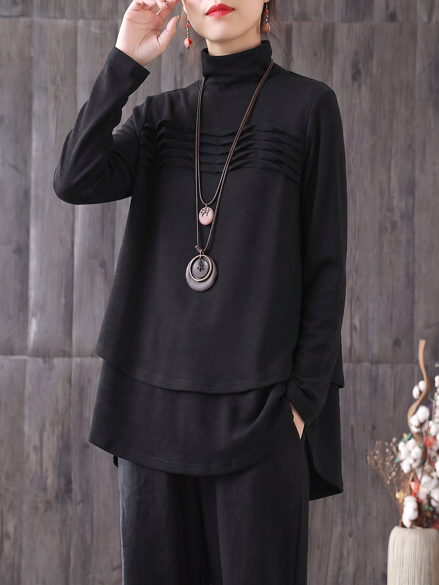 Plus Size Women Mock Neck Pleated Long Sleeve T-Shirt