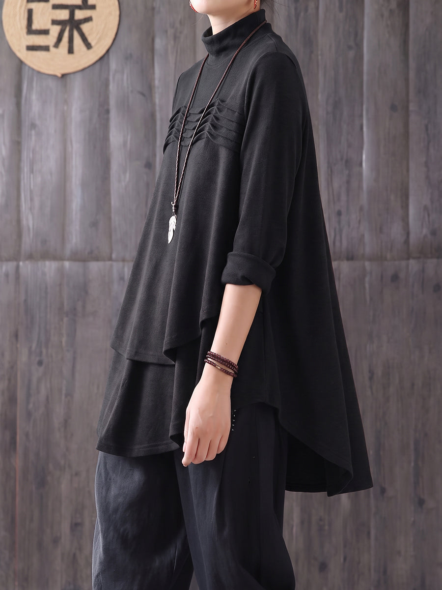 Plus Size Women Mock Neck Pleated Long Sleeve T-Shirt