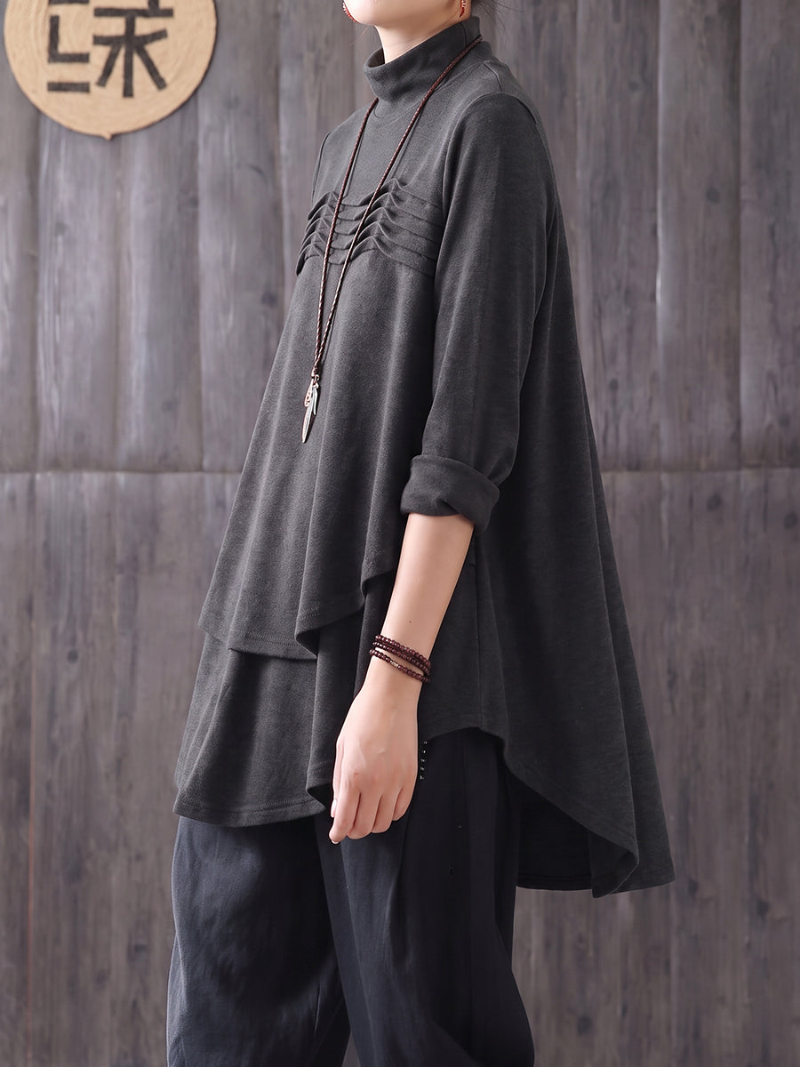 Plus Size Women Mock Neck Pleated Long Sleeve T-Shirt