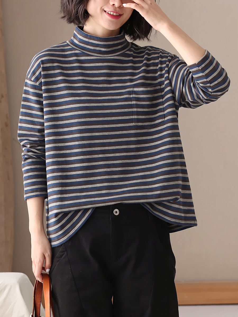 Plus Size Women Vintage Striped Long Sleeve Casual Top