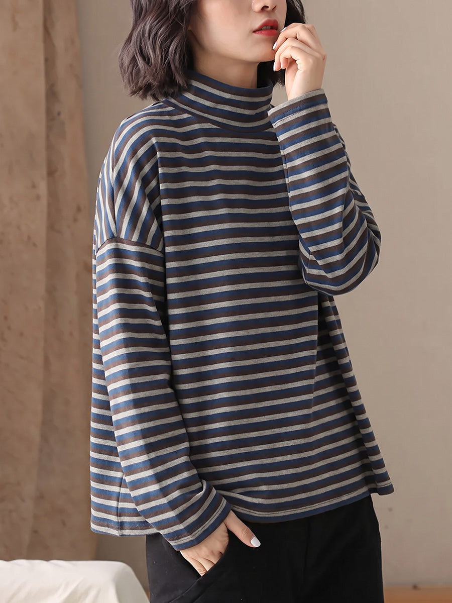 Plus Size Women Vintage Striped Long Sleeve Casual Top