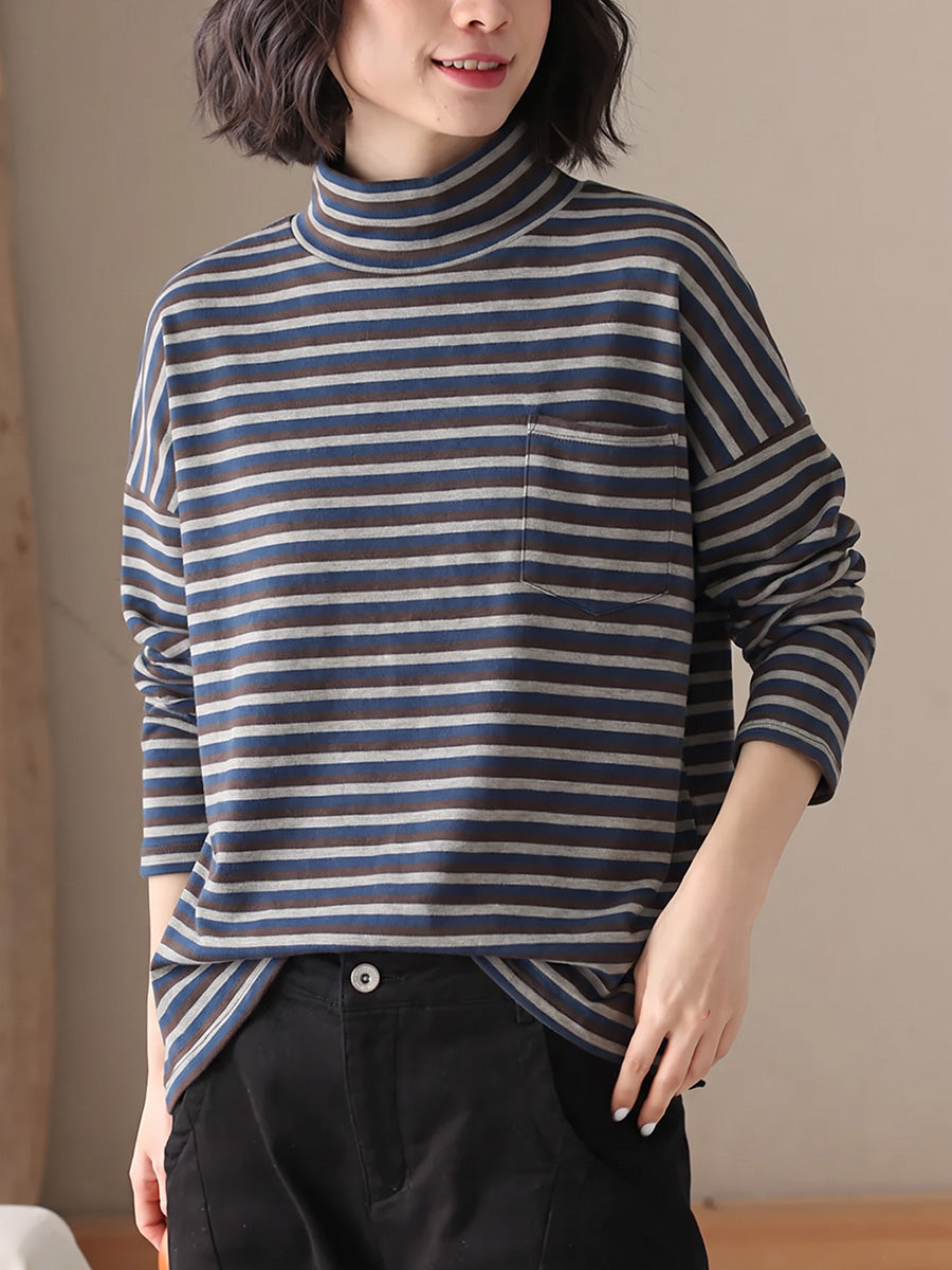 Plus Size Women Vintage Striped Long Sleeve Casual Top
