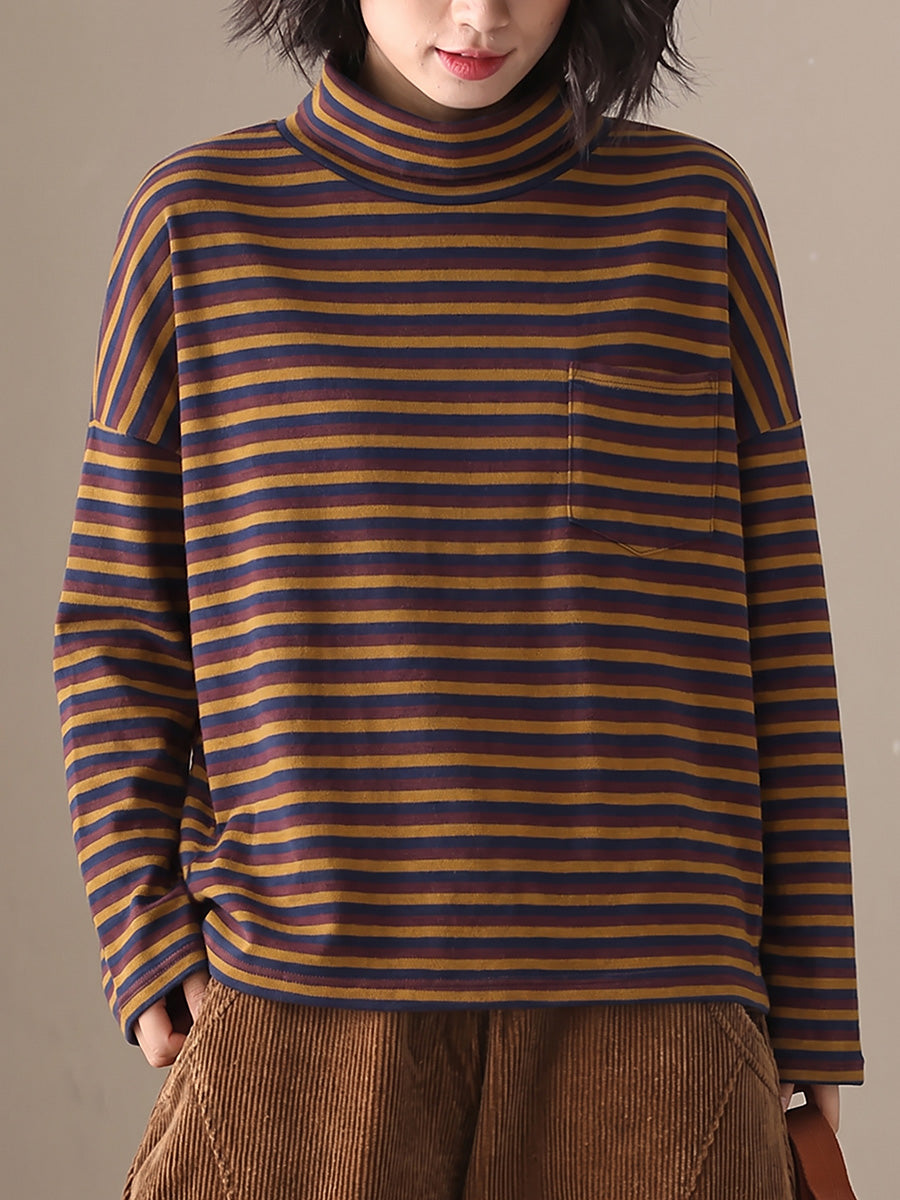 Plus Size Women Vintage Striped Long Sleeve Casual Top