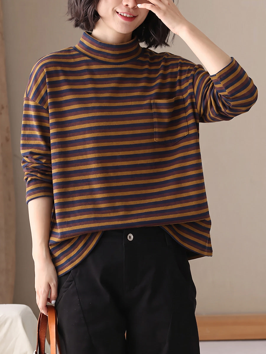 Plus Size Women Vintage Striped Long Sleeve Casual Top