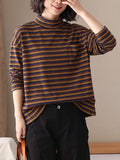 Plus Size Women Vintage Striped Long Sleeve Casual Top