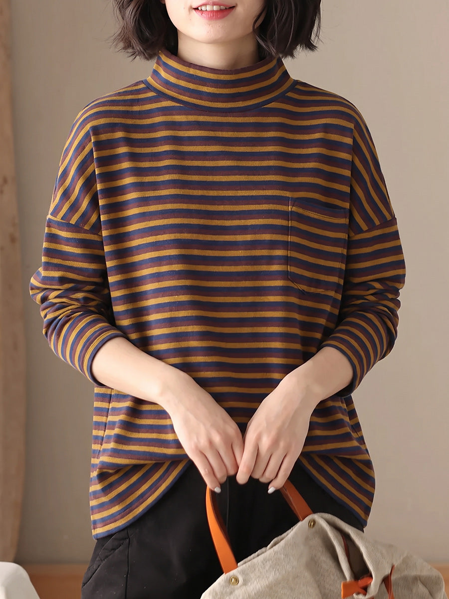 Plus Size Women Vintage Striped Long Sleeve Casual Top