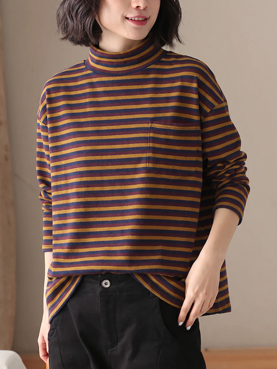 Plus Size Women Vintage Striped Long Sleeve Casual Top