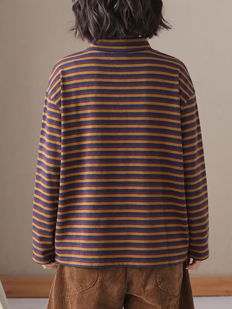 Plus Size Women Vintage Striped Long Sleeve Casual Top