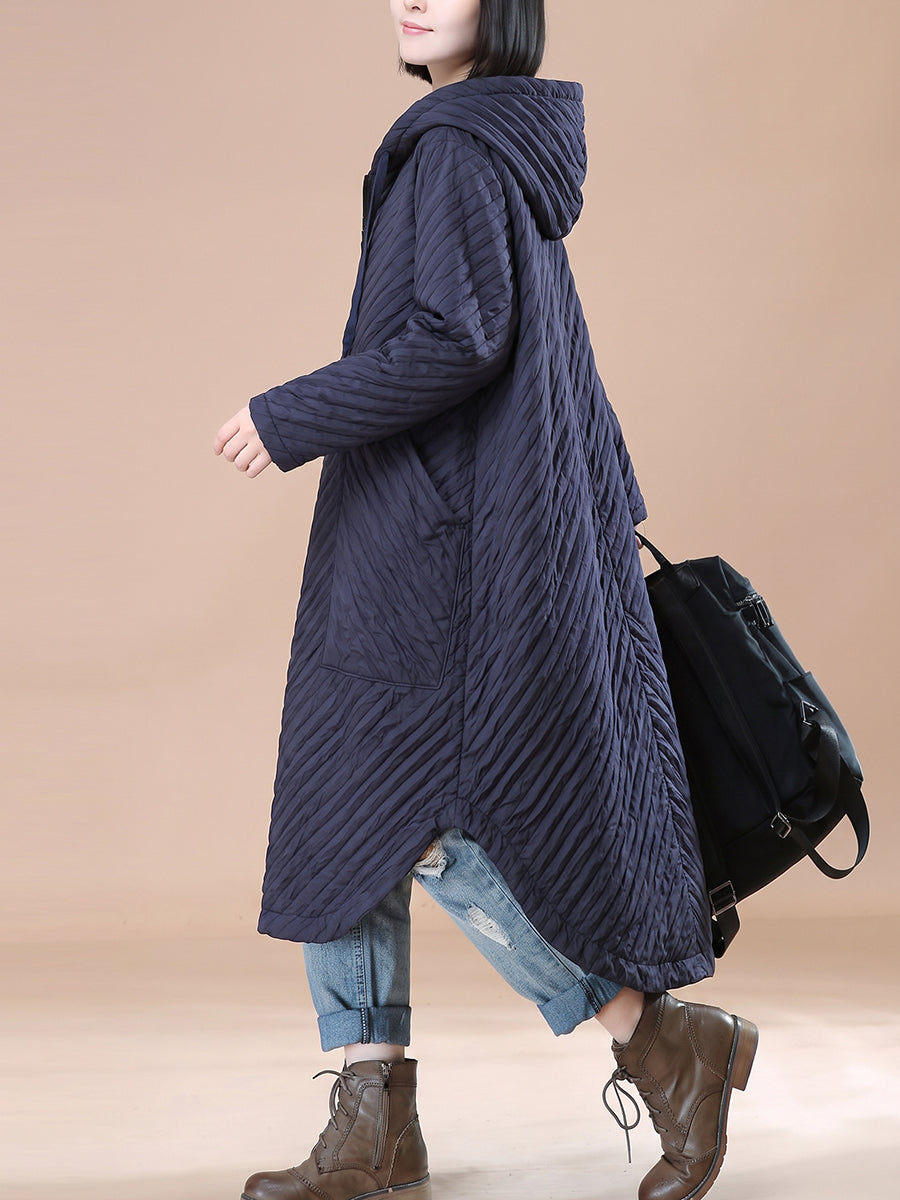 Plus Size Women Lazy Style Diagonal Quilted Loose Hooded Dress