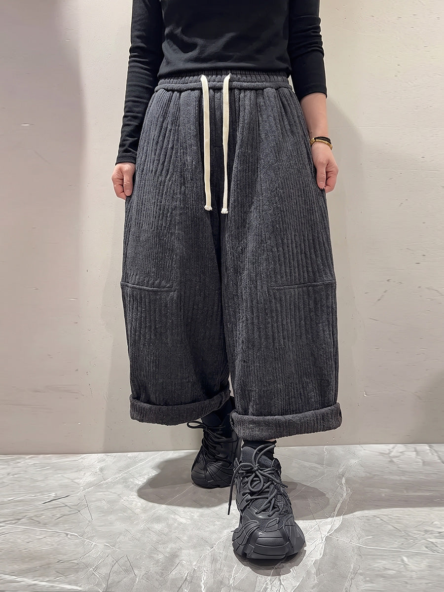 Plus Size Women Casual Solid Drawstring Wide-Leg Pants