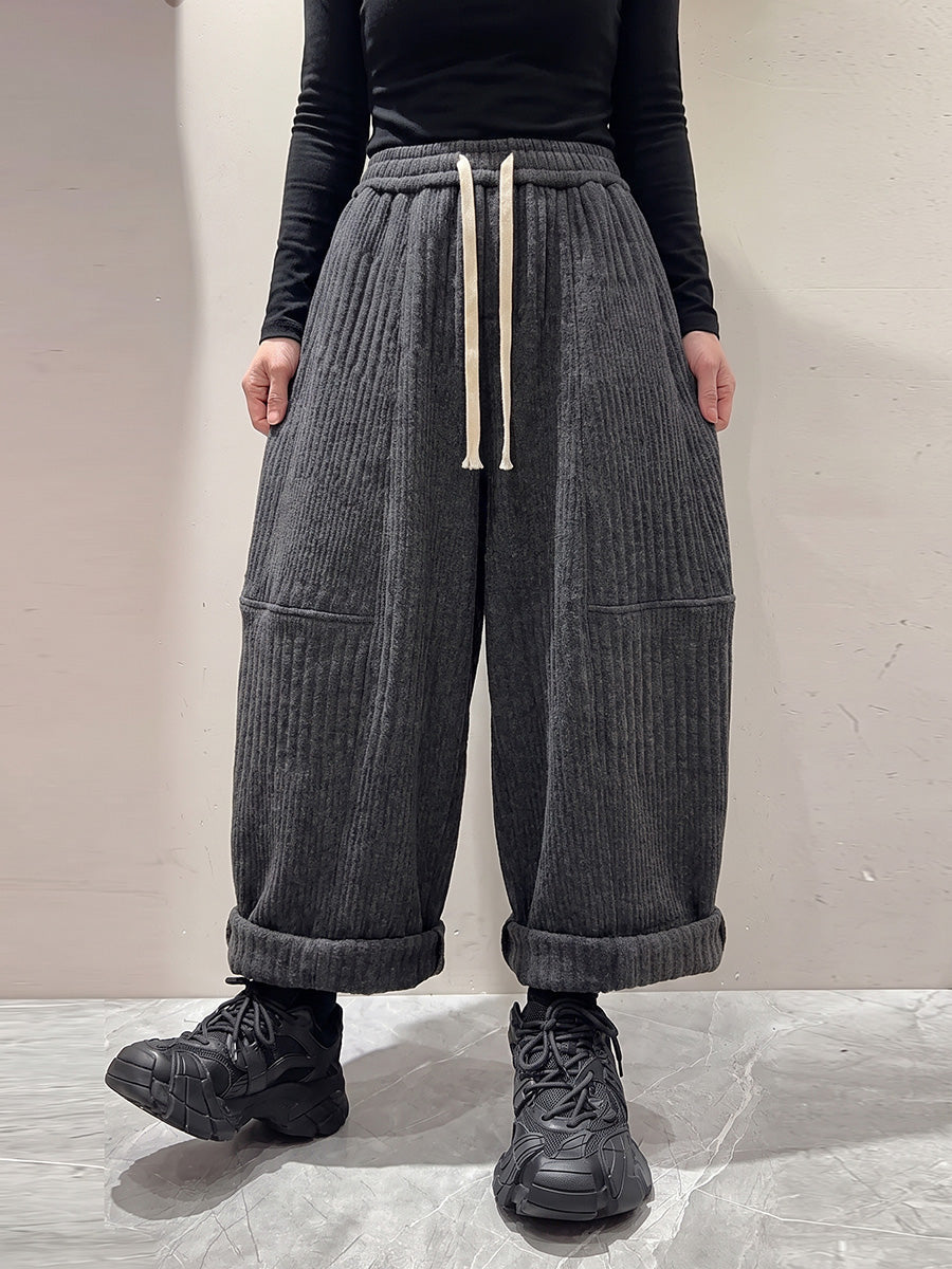 Plus Size Women Casual Solid Drawstring Wide-Leg Pants