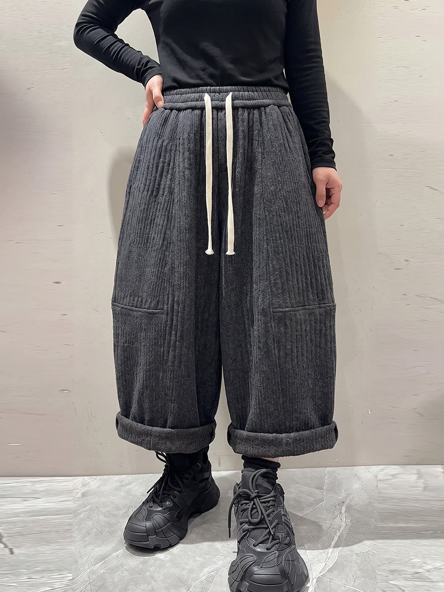 Plus Size Women Casual Solid Drawstring Wide-Leg Pants