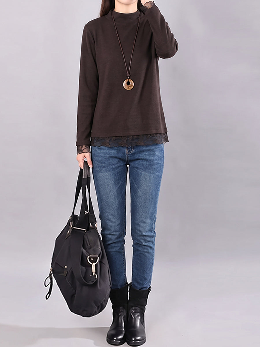 Plus Size Women Lace Trim Solid Long Sleeve Base Layer Top