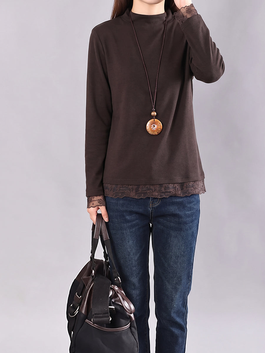 Plus Size Women Lace Trim Solid Long Sleeve Base Layer Top