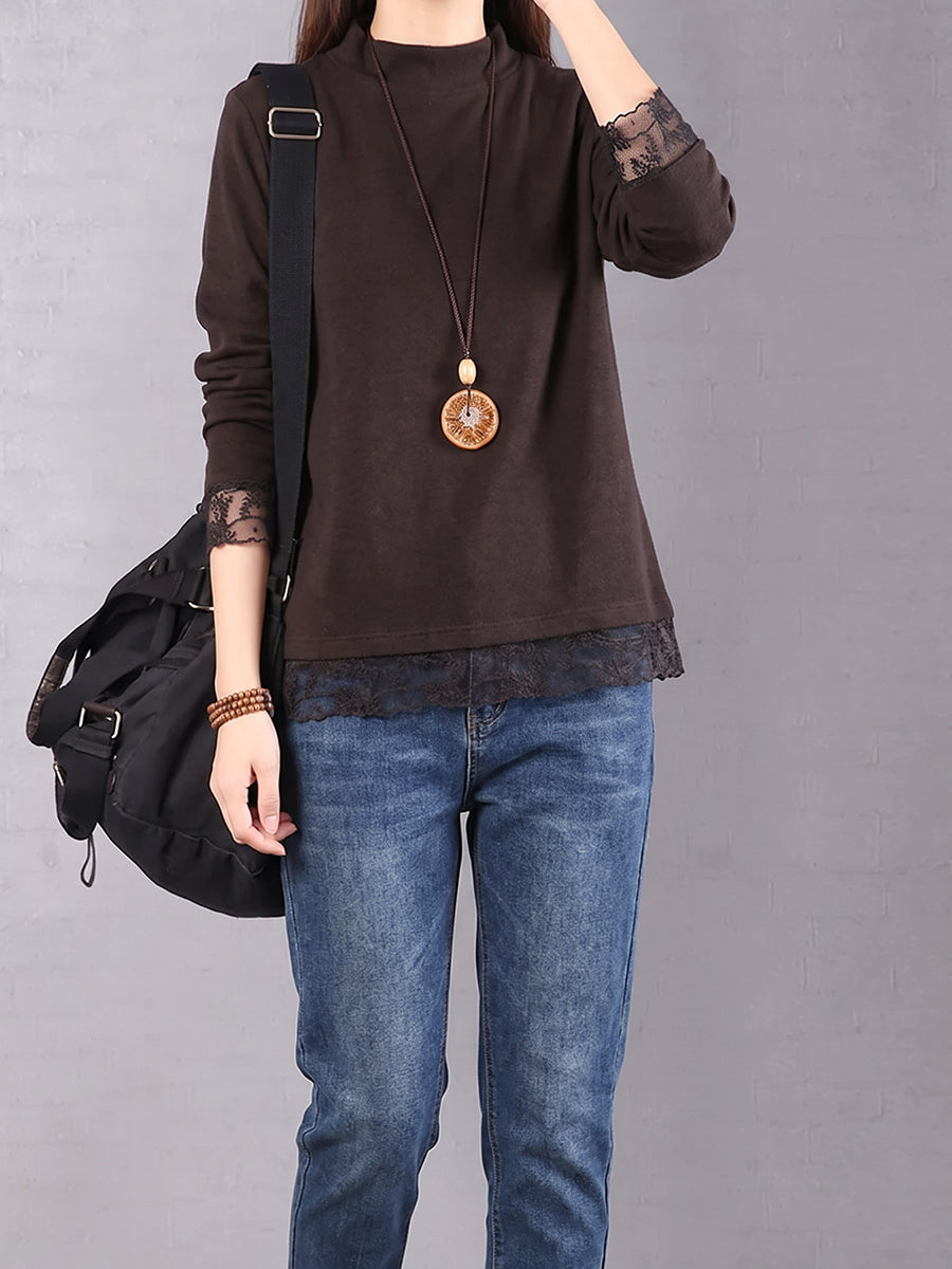 Plus Size Women Lace Trim Solid Long Sleeve Base Layer Top