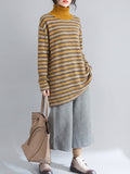 Plus Size Women Color Block Striped Brushed Turtleneck Loose Long Sleeve Midi Top