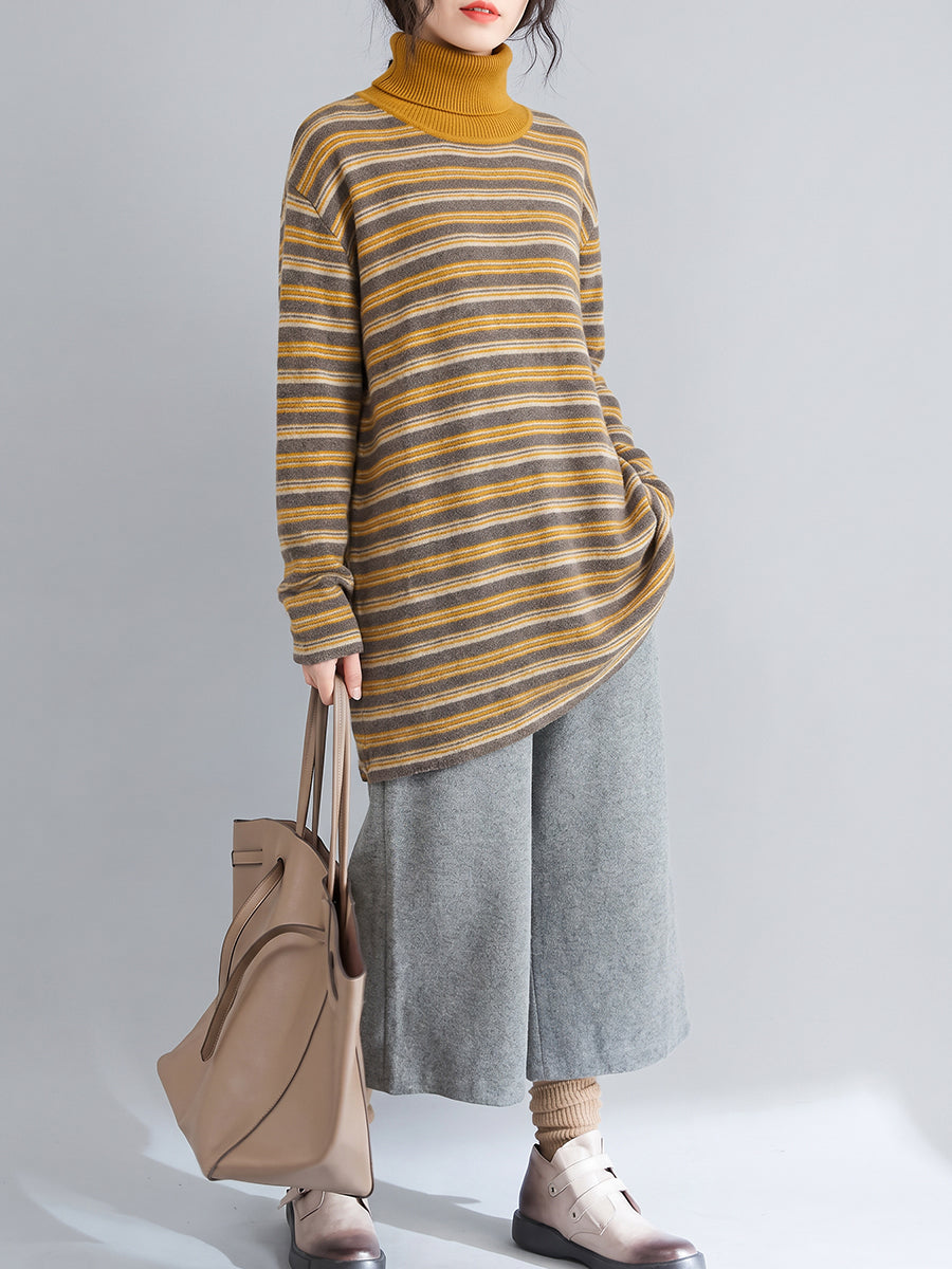 Plus Size Women Color Block Striped Brushed Turtleneck Loose Long Sleeve Midi Top