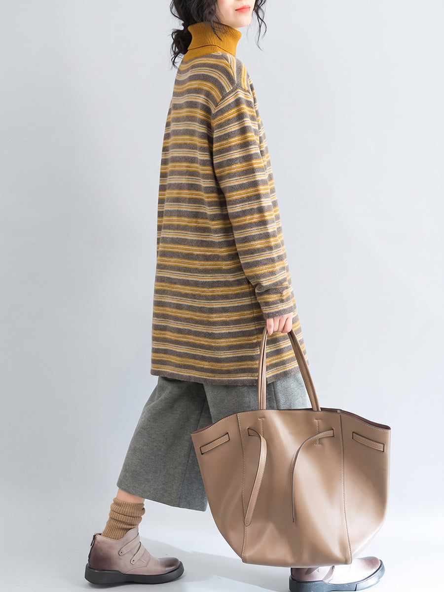 Plus Size Women Color Block Striped Brushed Turtleneck Loose Long Sleeve Midi Top