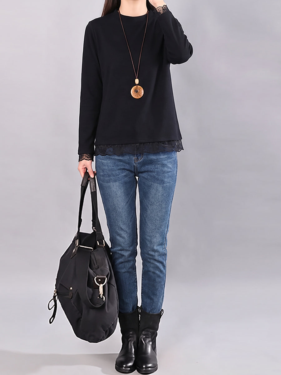 Plus Size Women Lace Trim Solid Long Sleeve Base Layer Top