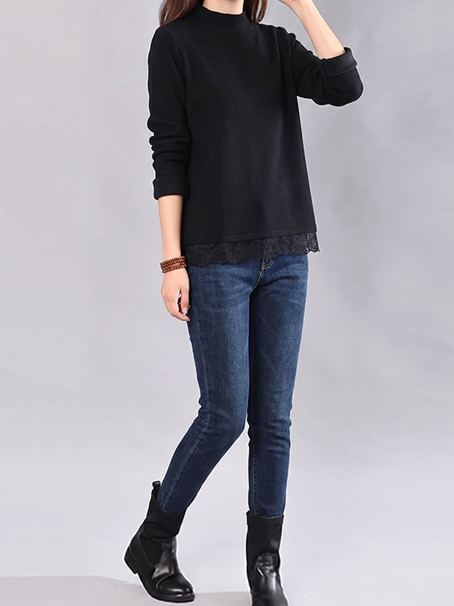 Plus Size Women Lace Trim Solid Long Sleeve Base Layer Top