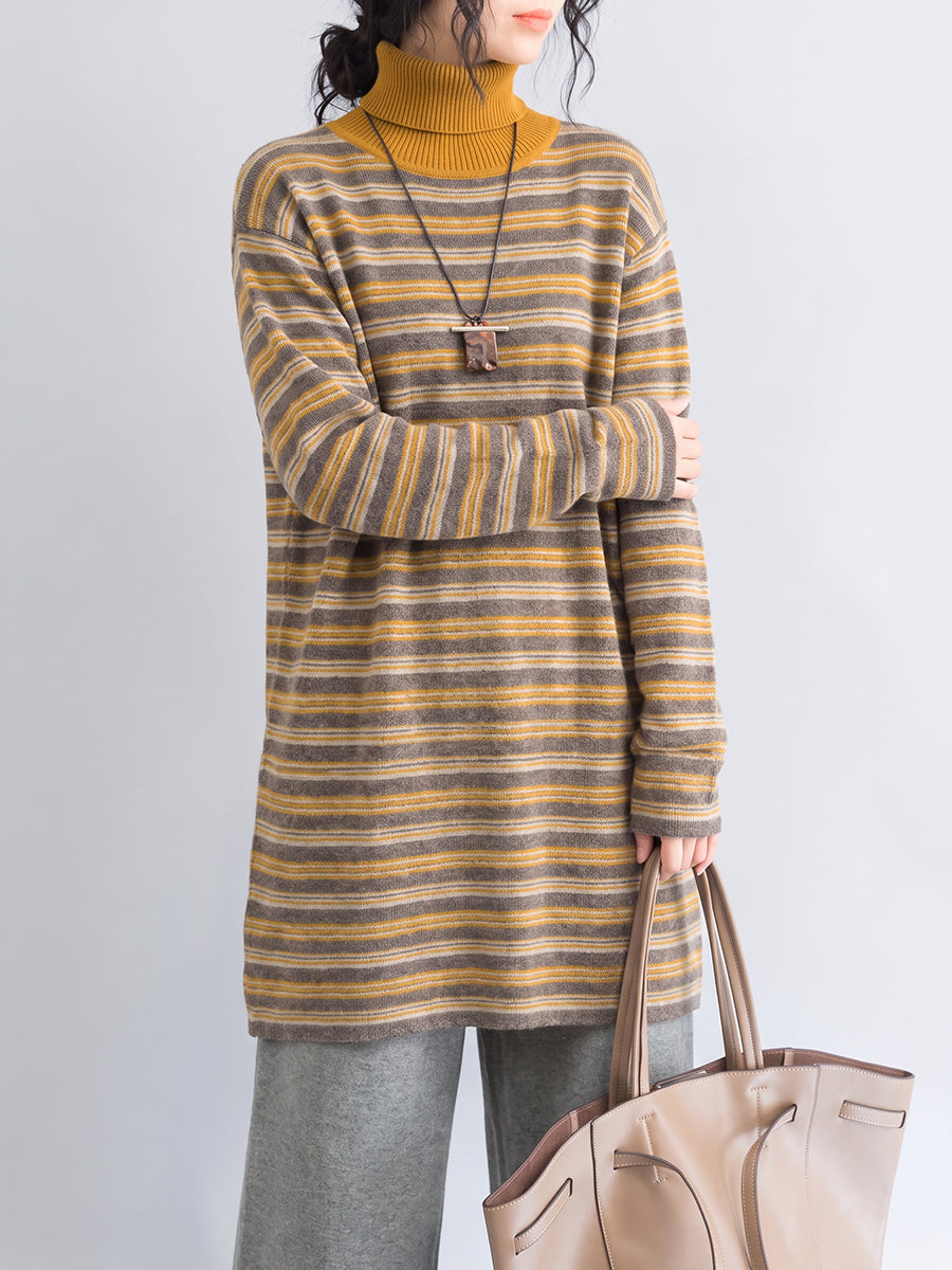 Plus Size Women Color Block Striped Brushed Turtleneck Loose Long Sleeve Midi Top