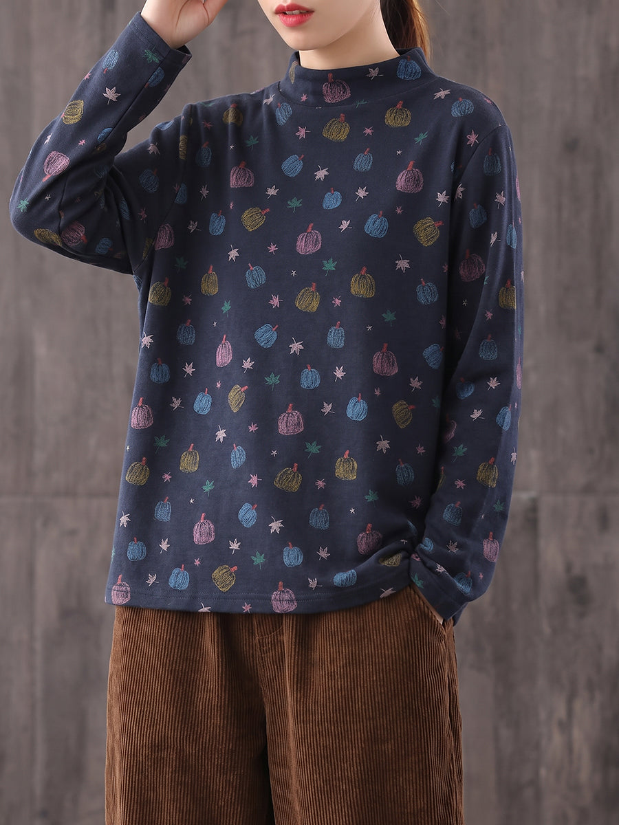 Plus Size Women Brushed Pumpkin Print Mock Neck Base Layer Top