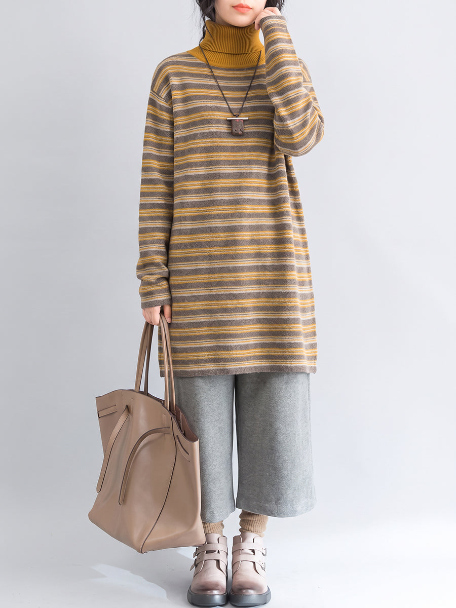 Plus Size Women Color Block Striped Brushed Turtleneck Loose Long Sleeve Midi Top