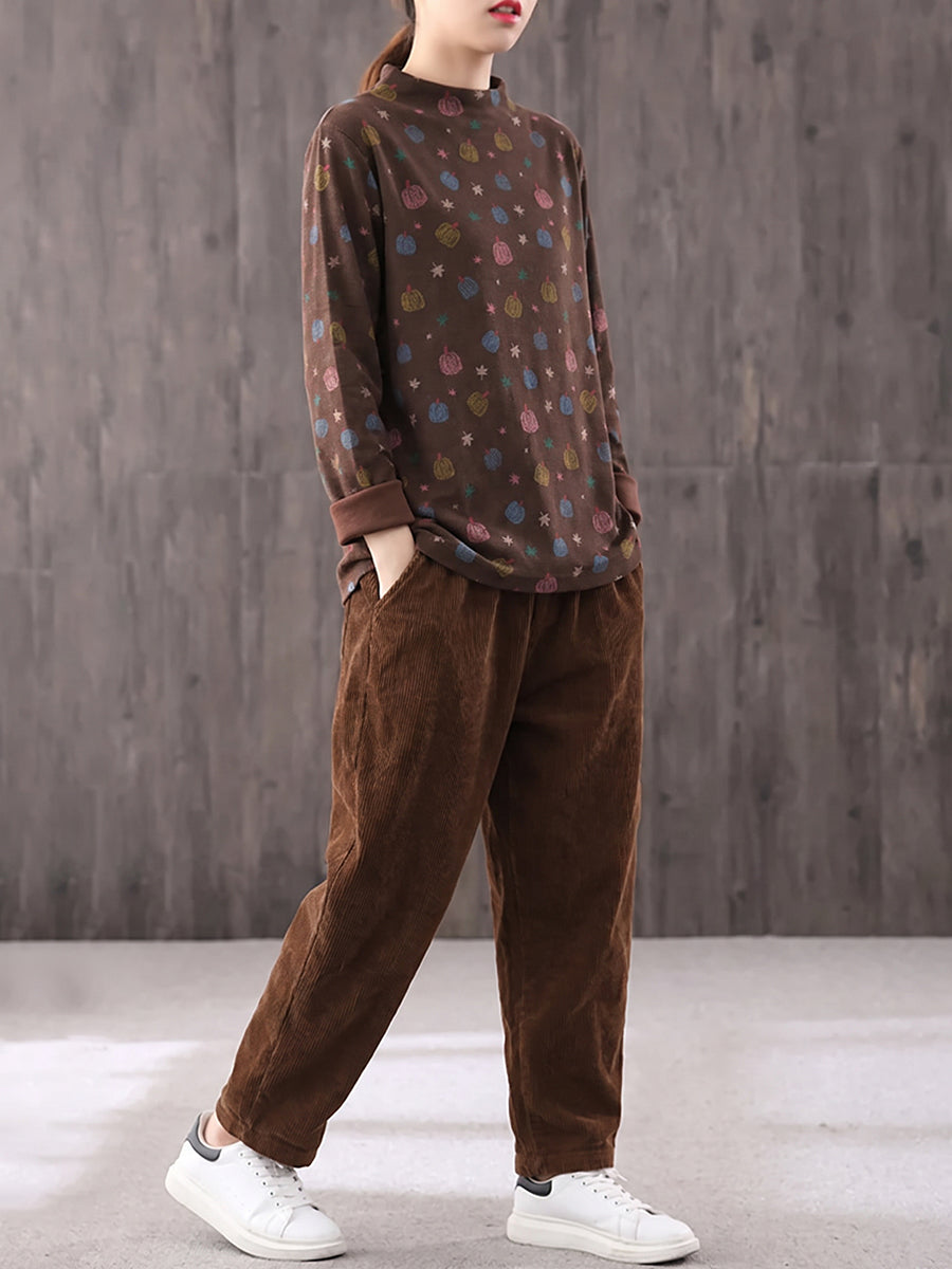 Plus Size Women Brushed Pumpkin Print Mock Neck Base Layer Top