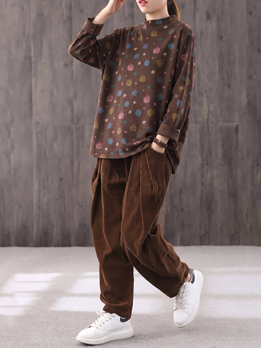 Plus Size Women Brushed Pumpkin Print Mock Neck Base Layer Top