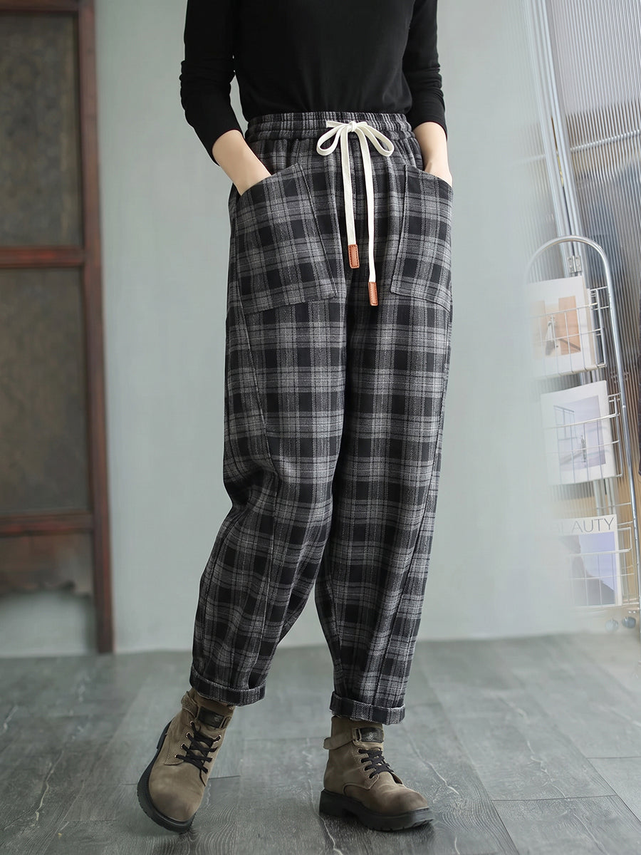 Plus Size Women Casual Plaid Drawstring Harem Pants
