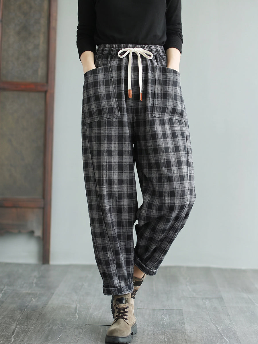 Plus Size Women Casual Plaid Drawstring Harem Pants