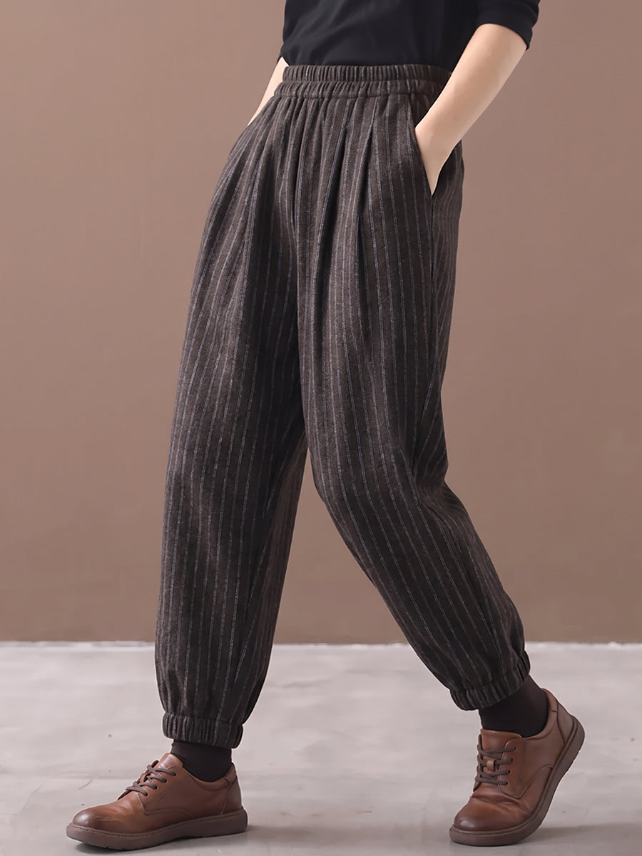 Plus Size Women Vintage Vertical Striped Loose Harem Pants
