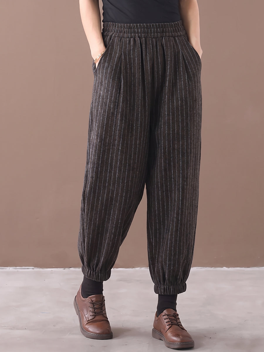 Plus Size Women Vintage Vertical Striped Loose Harem Pants