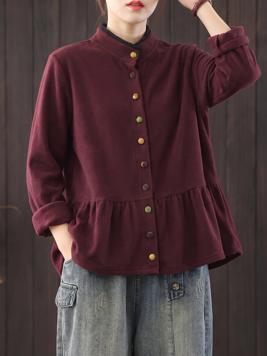 Plus Size Women Vintage Stand Collar Ruffle Hem Loose Shirt