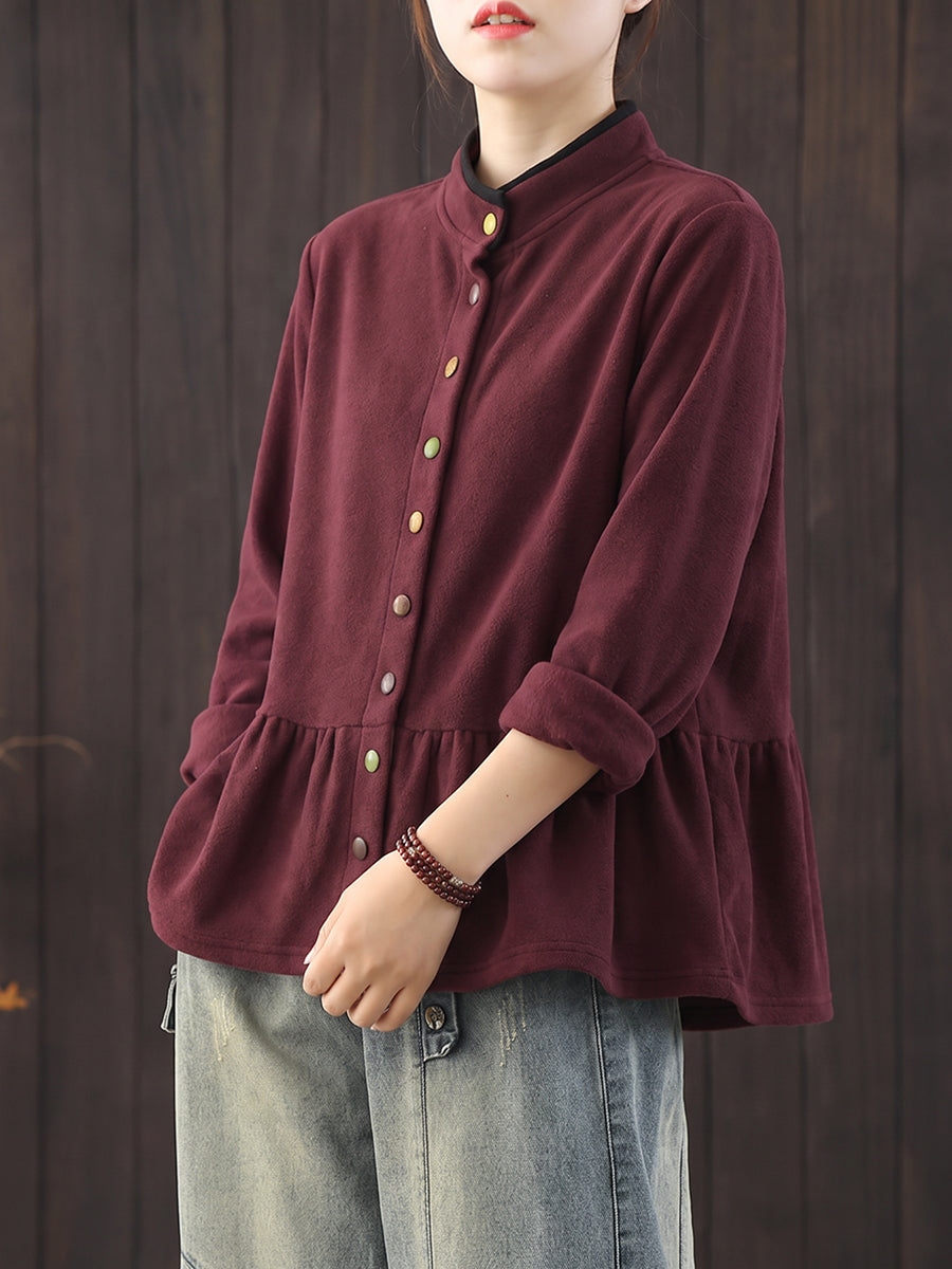 Plus Size Women Vintage Stand Collar Ruffle Hem Loose Shirt