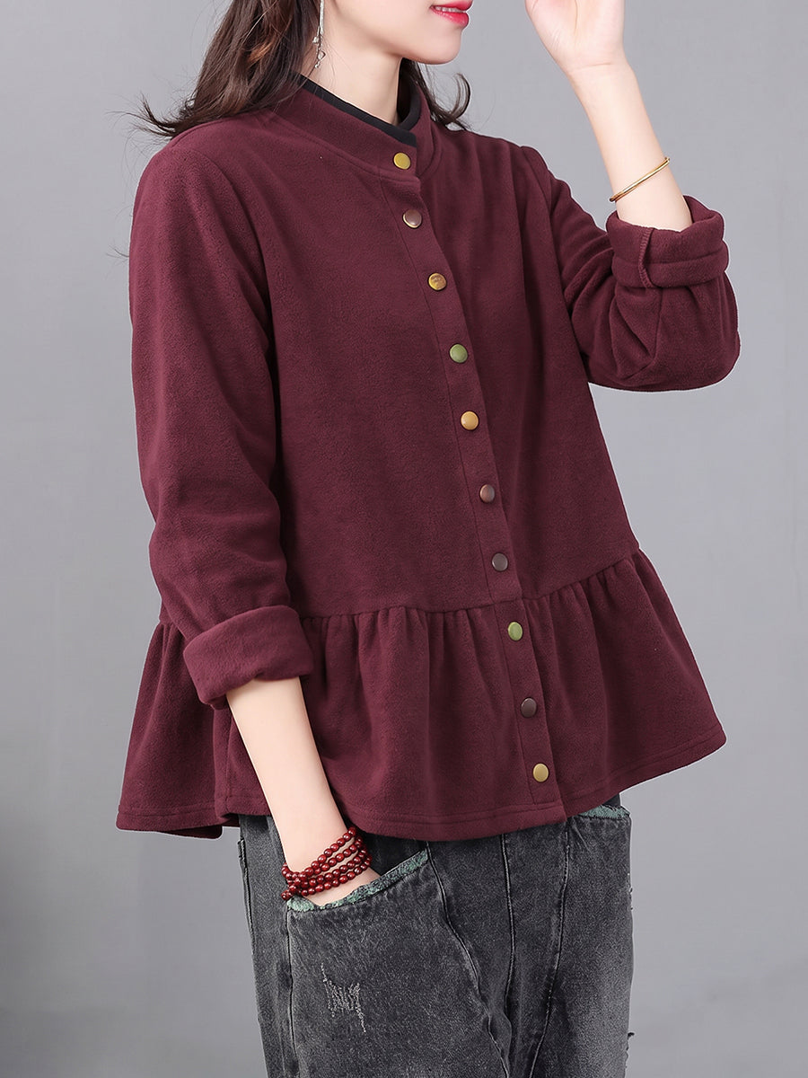 Plus Size Women Vintage Stand Collar Ruffle Hem Loose Shirt