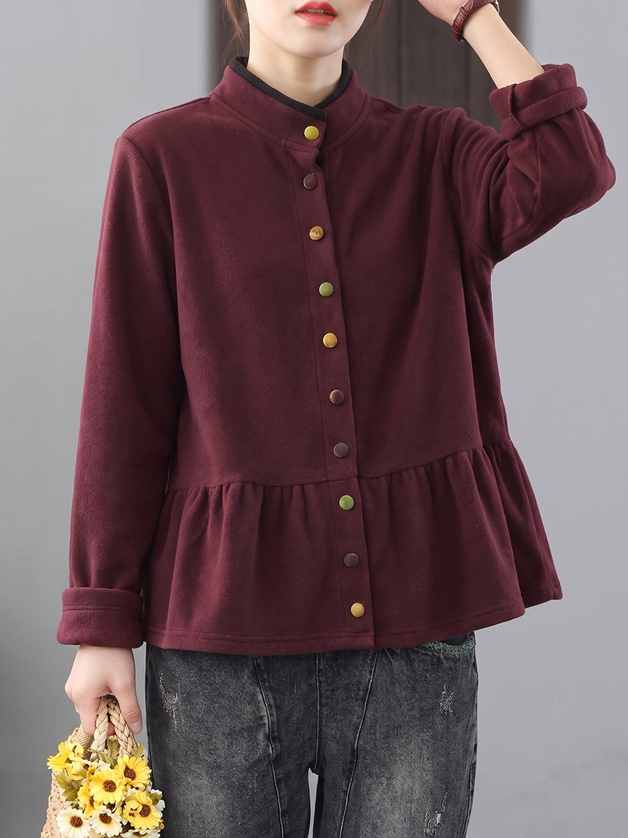 Plus Size Women Vintage Stand Collar Ruffle Hem Loose Shirt