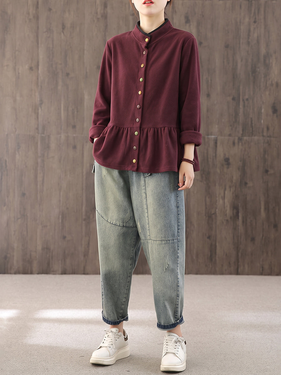 Plus Size Women Vintage Stand Collar Ruffle Hem Loose Shirt