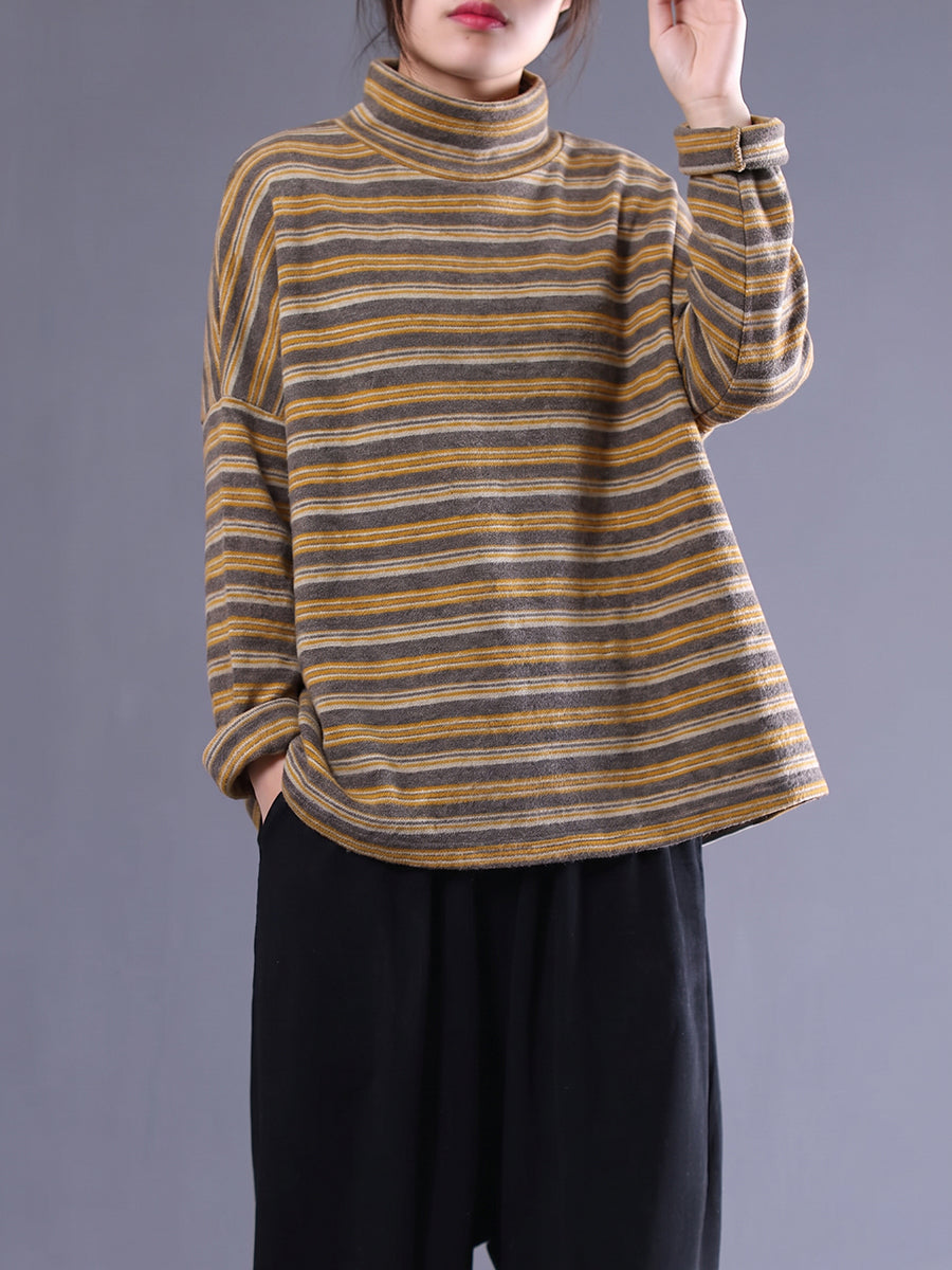 Plus Size Women Brushed Color Block Striped Mock Neck Base Layer Top