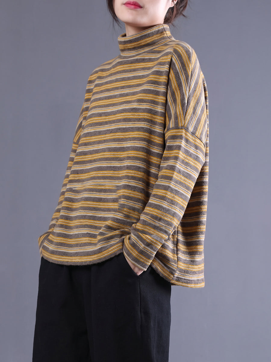 Plus Size Women Brushed Color Block Striped Mock Neck Base Layer Top